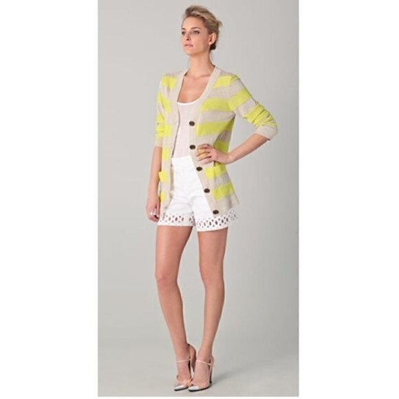 Milly New York Cardigan S Linen Stripe Button Luxury Spring Natural Lemon Yellow - Picture 1 of 9
